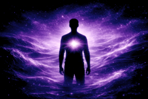 Silhouette humaine baignée de lumière violette symbolisant le fait de prendre soin de soi, équilibre intérieur et stabilité personnelle – Rayan Gori, Hypno-Alchimiste