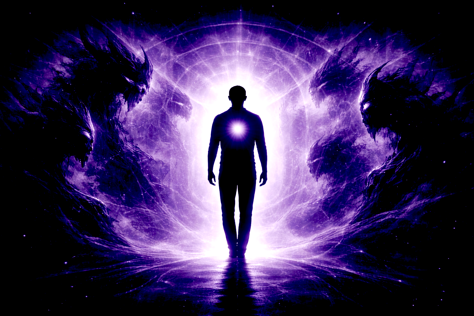 Silhouette humaine avançant vers une lumière intérieure entourée de figures symboliques représentant les peurs inconscientes – transmutation des peurs