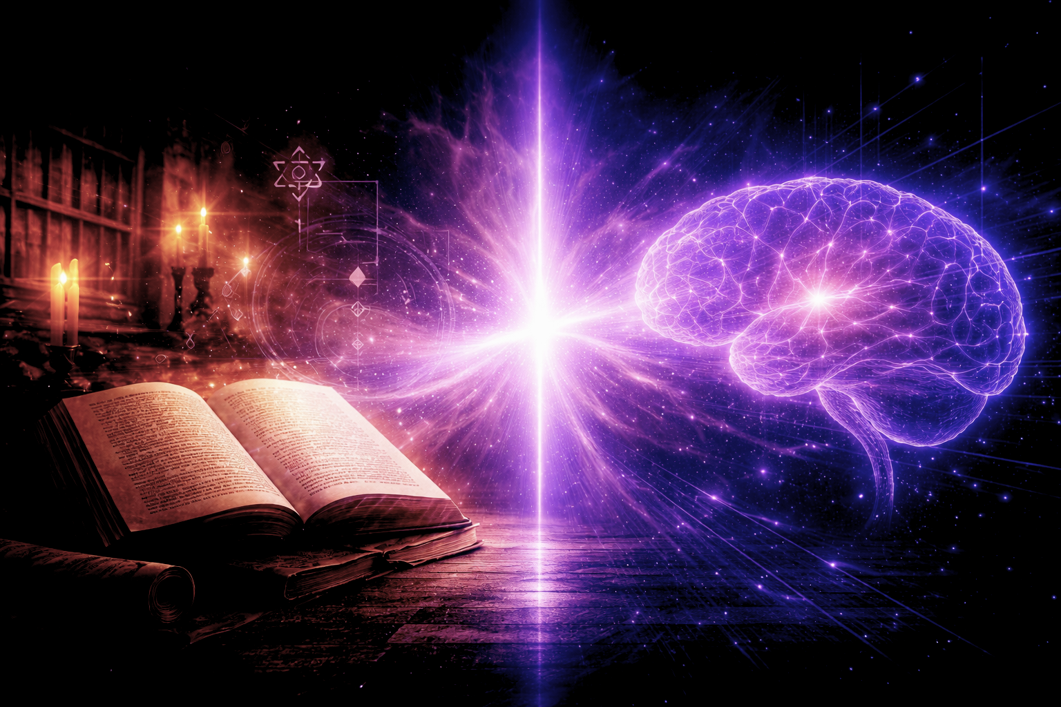 Deux lectures du mot méditation : une approche discursive et une approche contemplative, symbolisées dans une composition violette — Hypno-Alchimiste