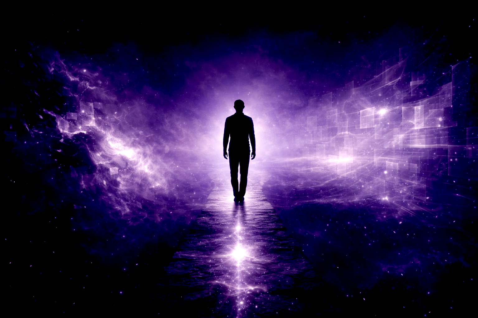 Silhouette humaine avançant entre passé et futur, symbole de l’instant présent — illustration par Rayan Gori, Hypno-Alchimiste