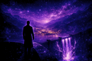 avis hypnose pour burn-out, silhouette contemplant un barrage lumineux et un village en contrebas – Rayan Gori Hypno-Alchimiste