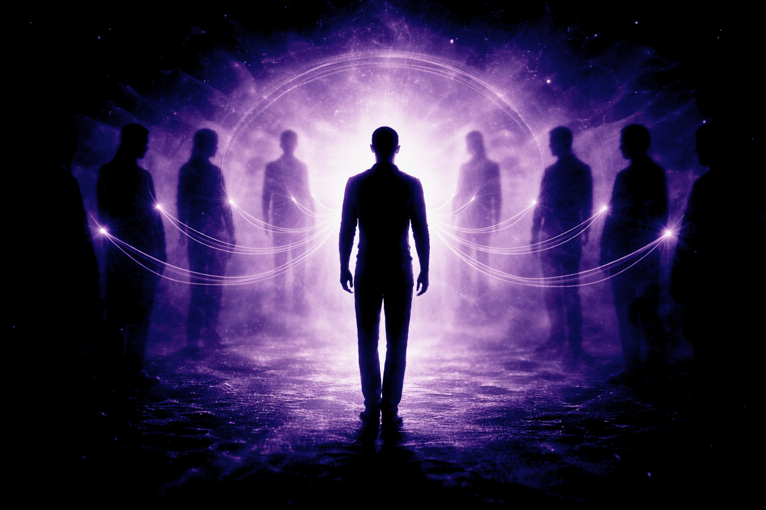 Silhouette humaine entourée de figures floues symbolisant les dérives du développement personnel et les mécanismes de manipulation psychologique