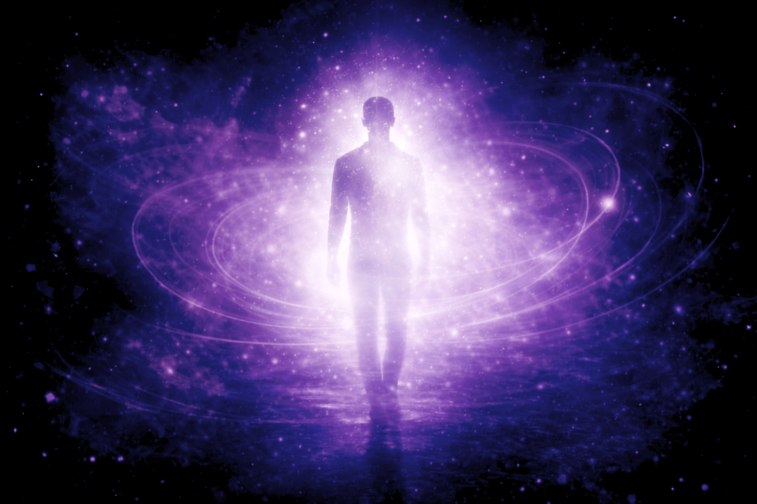 Silhouette stable entourée d’une lumière violette symbolisant l’être, la congruence et la posture professionnelle en travail social – Rayan Gori Hypno-Alchimiste