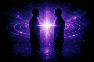 Hypnose associative et intégration archétypale symbolisée par deux silhouettes fusionnant dans une lumière violette – Rayan Gori Hypno-Alchimiste