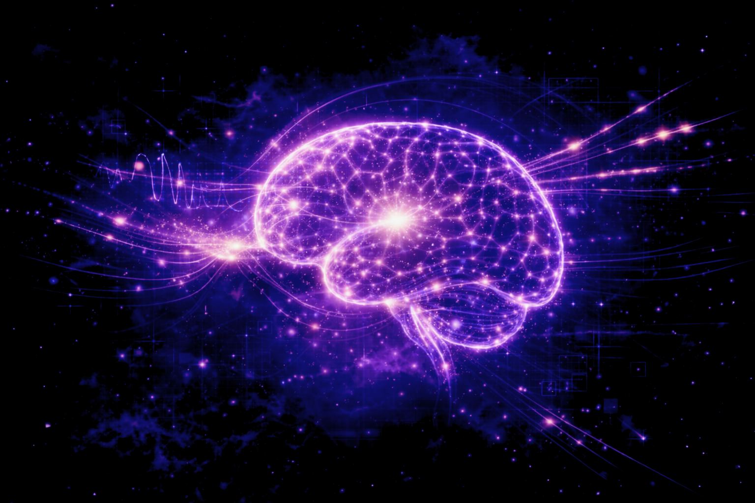 Sur-apprentissage illustré par un cerveau lumineux aux connexions neuronales actives – Rayan Gori Hypno-Alchimiste