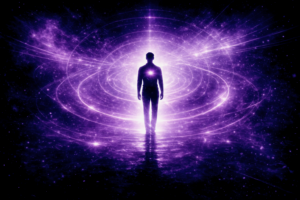 Homme lumineux au centre d’un espace violet cosmique symbolisant la réintégration en auto-hypnose dissociative par Rayan Gori Hypno-Alchimiste