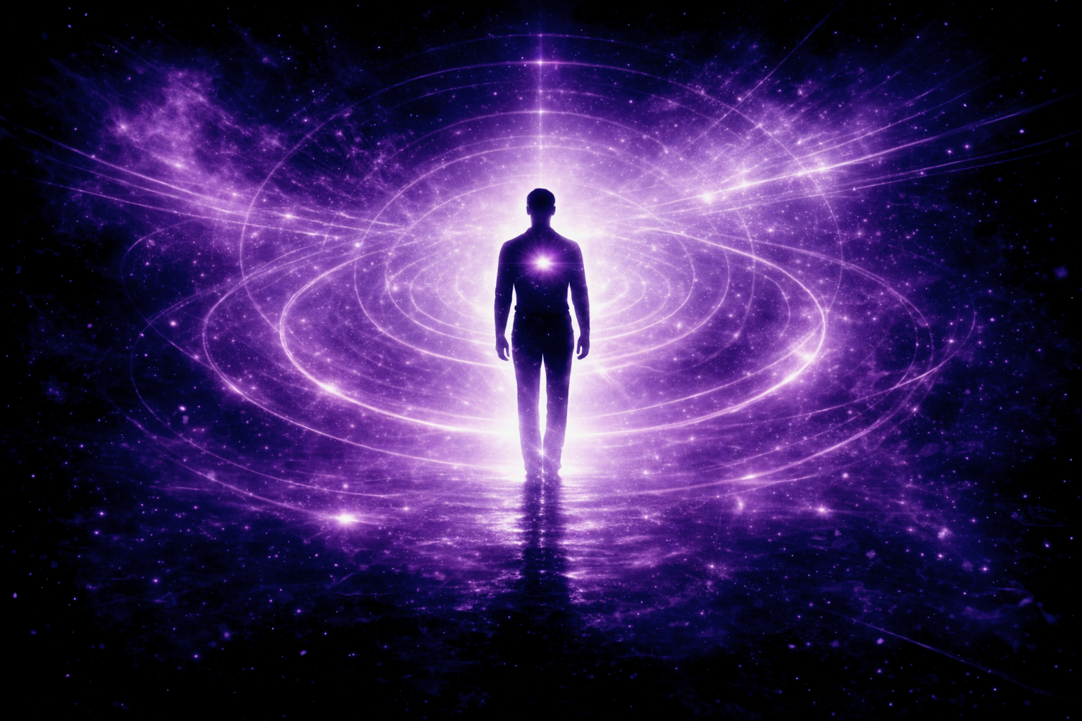 Homme lumineux au centre d’un espace violet cosmique symbolisant la réintégration en auto-hypnose dissociative par Rayan Gori Hypno-Alchimiste