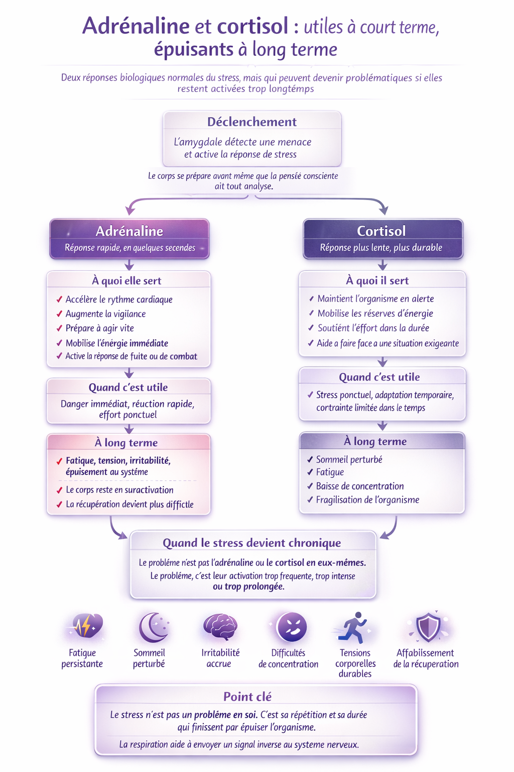 Infographie expliquant le rôle de l’adrénaline et du cortisol dans la réponse au stress et leurs effets à court et long terme sur l’organisme