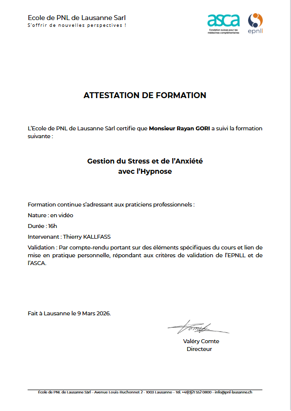 EPNLL - Gestion du stress et de l’anxiété avec l’hypnose - Rayan Gori
