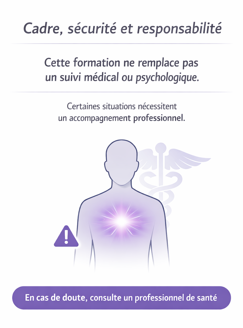 Infographie cadre sécurité responsabilité respiration avec silhouette, symbole médical et message de prévention sur le suivi professionnel