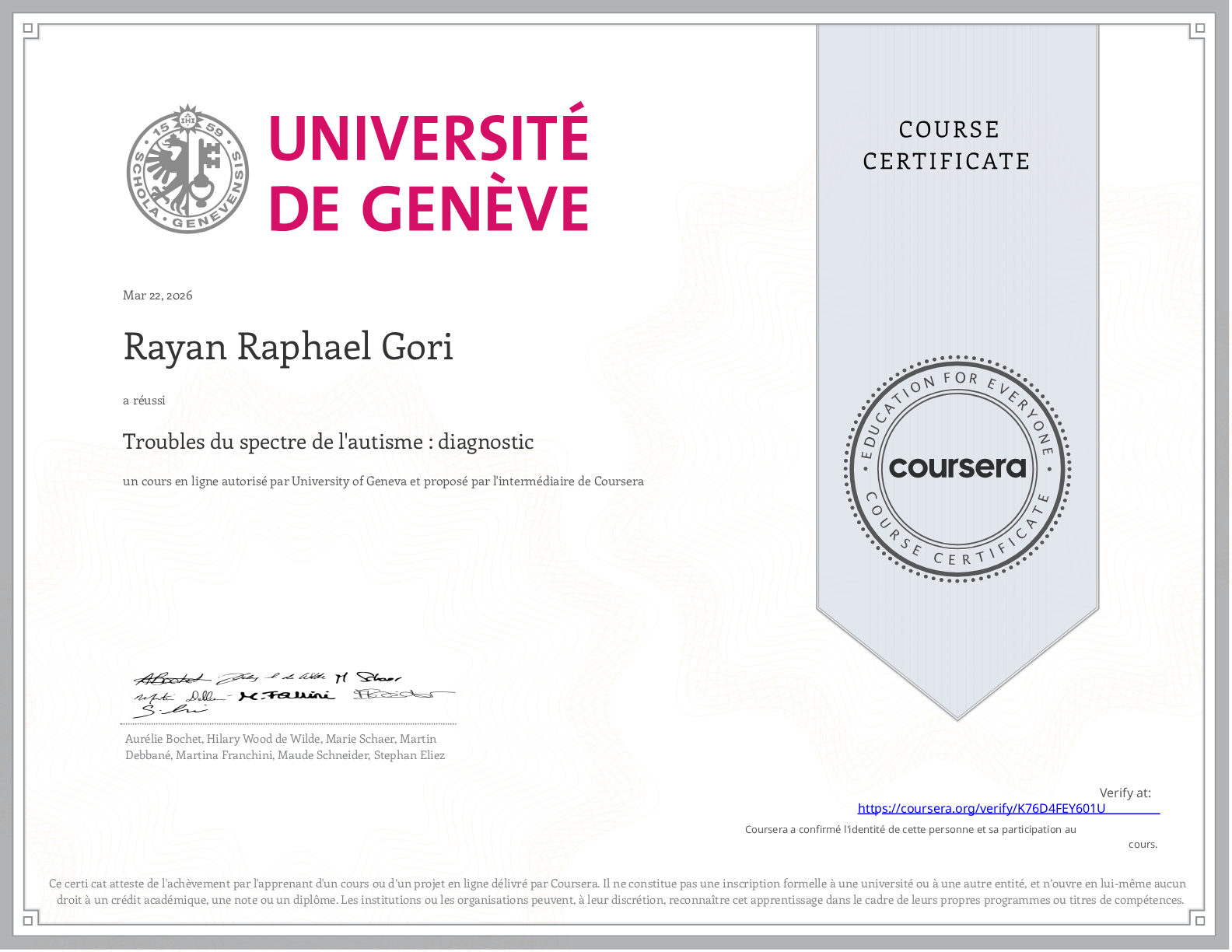 Université de Genève - Certificat MOOC Troubles du spectre de l’autisme diagnostic - Rayan Gori