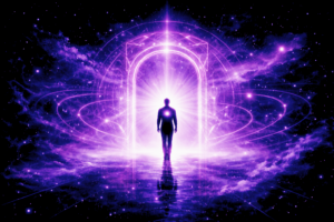 Illustration symbolique de c'est quoi l'hypnose régressive avec une silhouette entrant dans un portail cosmique