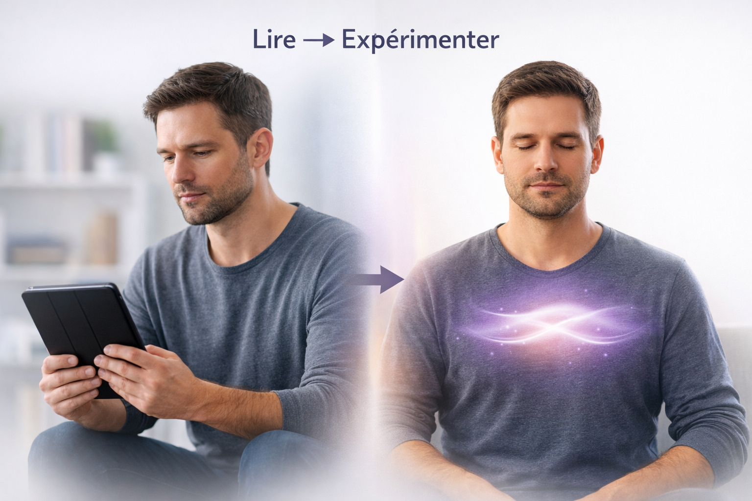 Illustration passage de la lecture à la pratique de la respiration avec effet de souffle au niveau de la poitrine pour l’autorégulation