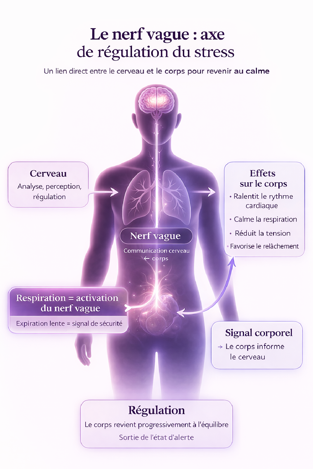 Infographie du nerf vague montrant la connexion entre le cerveau et le corps et le rôle de la respiration dans la régulation du stress