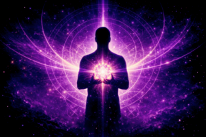 Œuvre au rouge, silhouette tenant la pierre philosophale rayonnante, image de Rayan Gori Hypno-Alchimiste