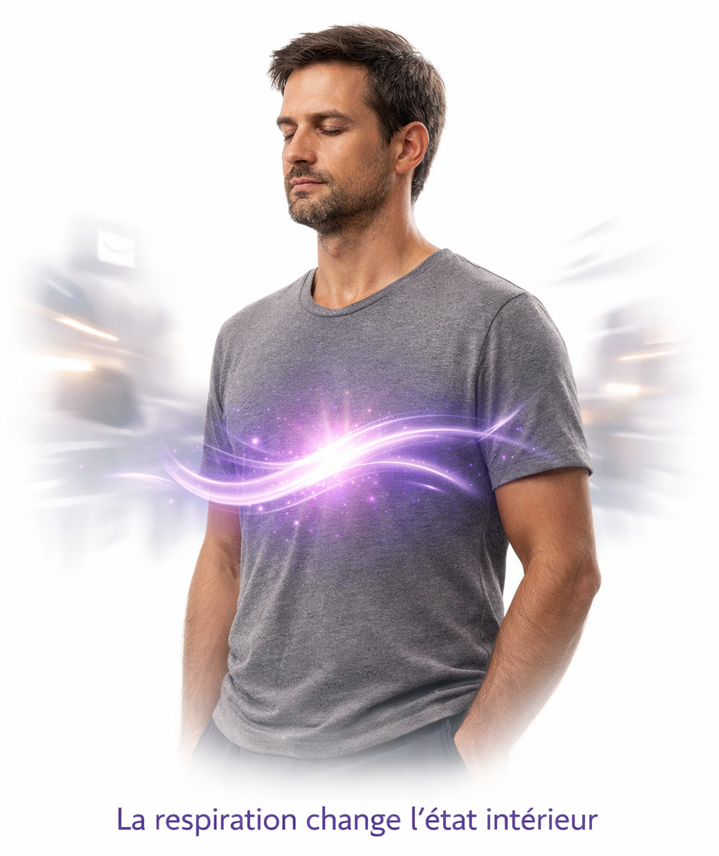 Homme calme avec respiration abdominale et flux lumineux violet illustrant la régulation du stress par l’expiration