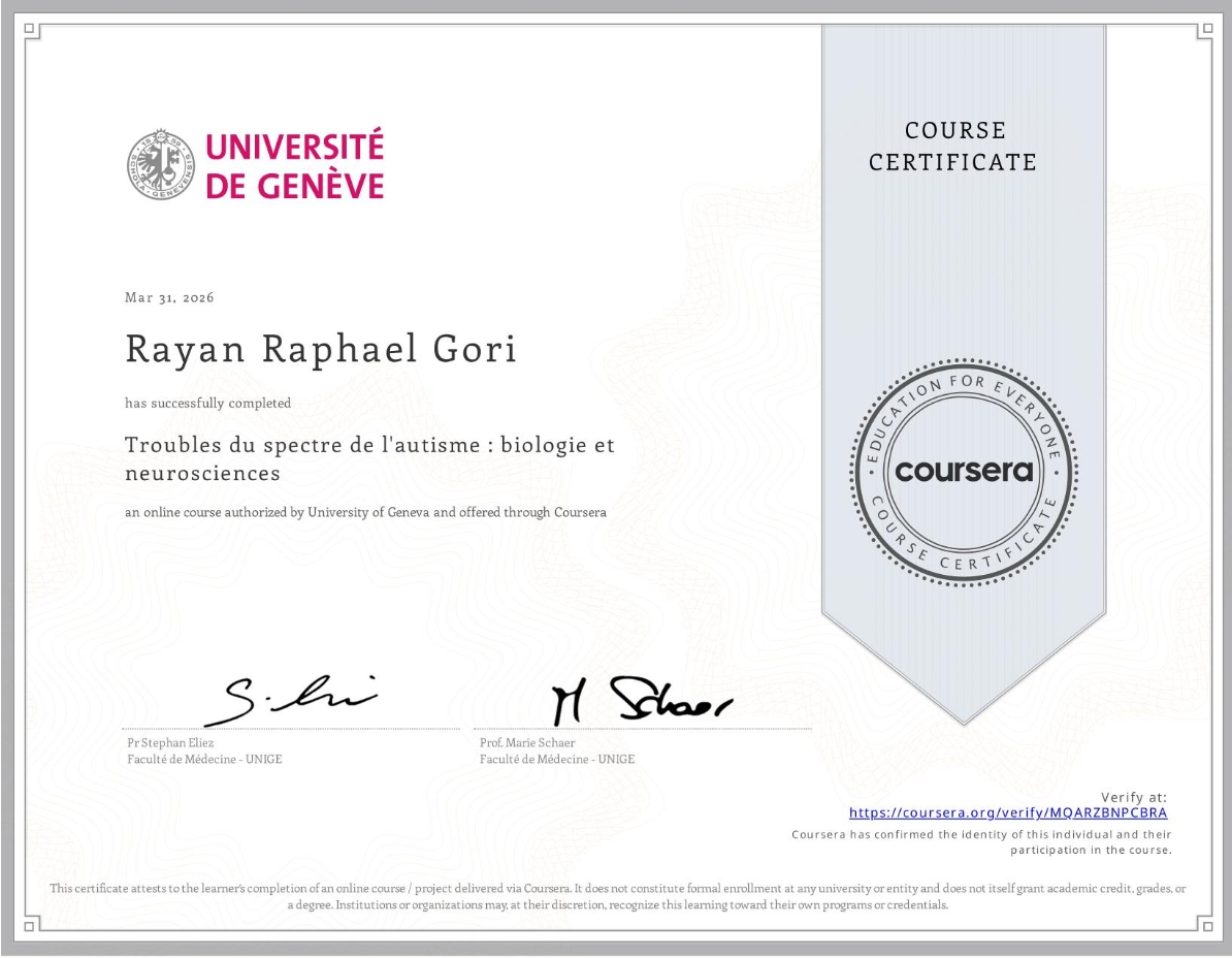 Université de Genève - Certificat MOOC Troubles du spectre de l’autisme biologie et neurosciences - 15h - Rayan Gori