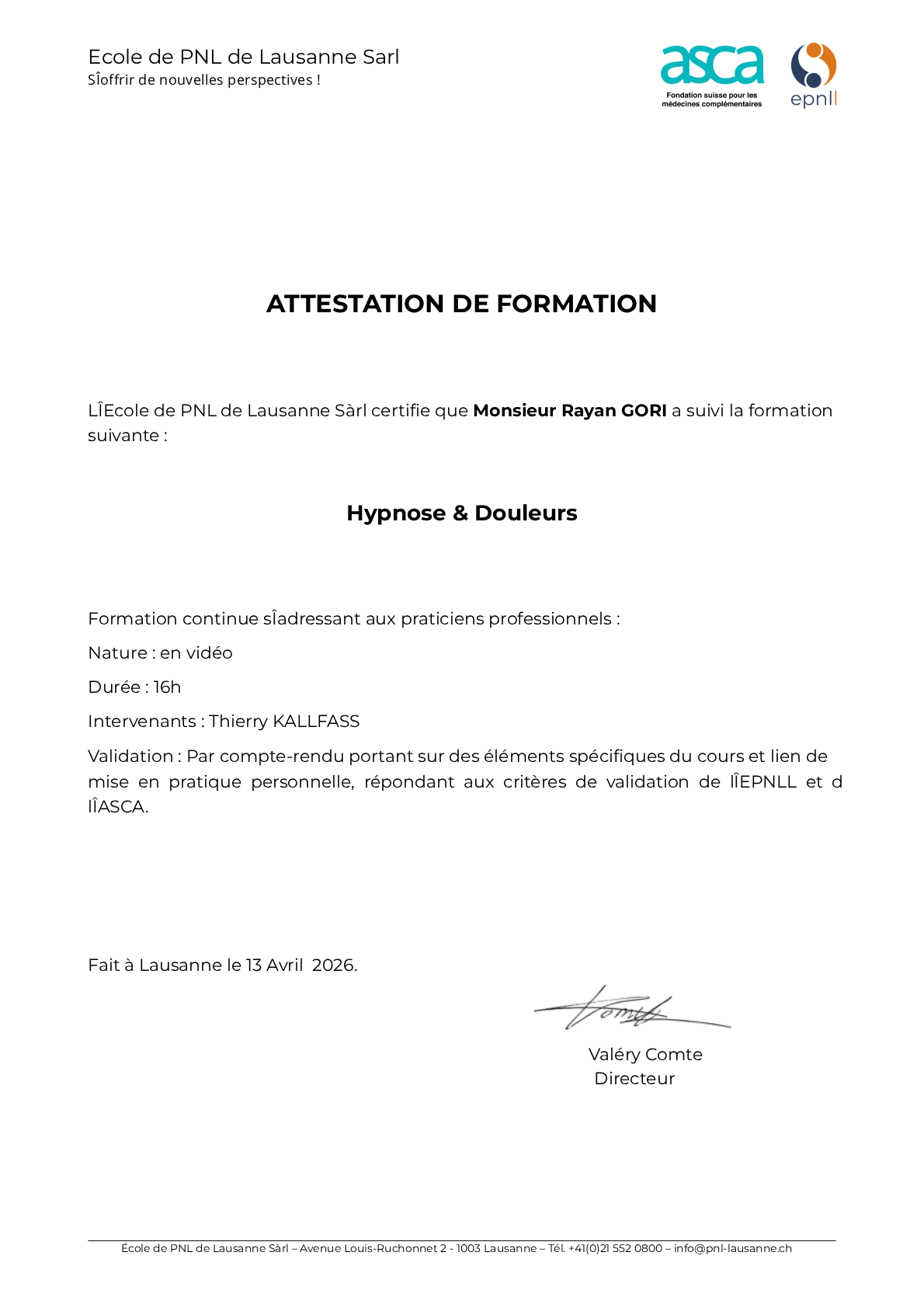 EPNLL - Hypnose et douleurs - Rayan Gori
