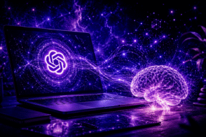 Ordinateur portable avec logo d’IA et cerveau lumineux sur une table, illustrant le dialogue entre IA générative et cognition humaine.