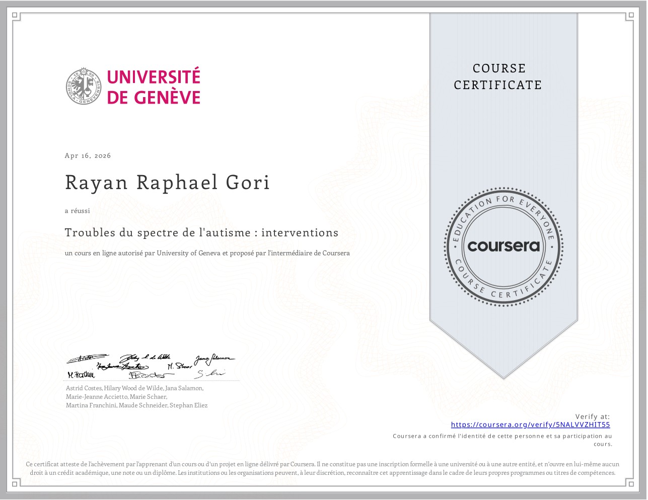 Université de Genève - Certificat MOOC Troubles du spectre de l’autisme intervention - 20h - Rayan Gori