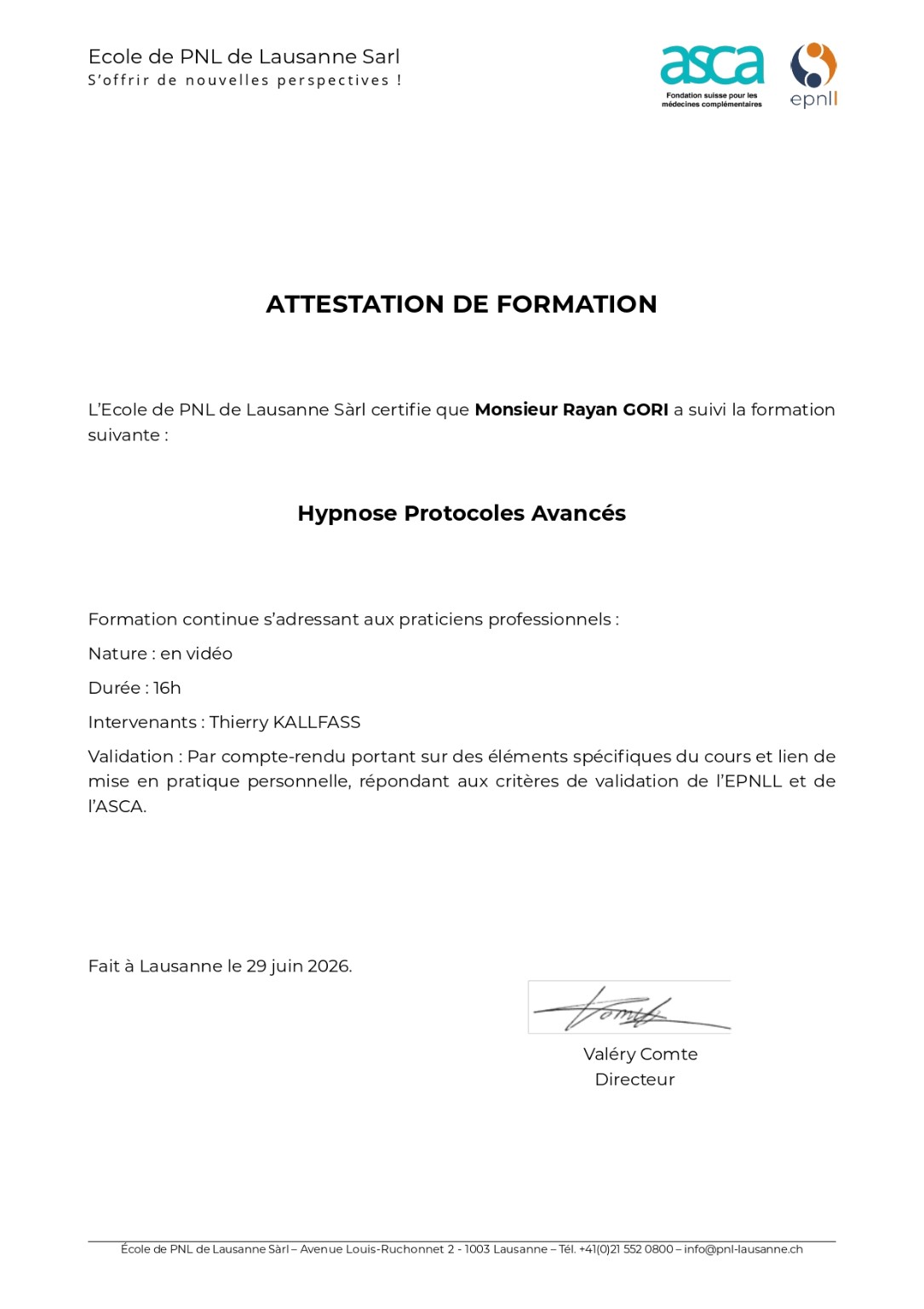 EPNLL - Hypnose Protocoles Avancées - Rayan Gori