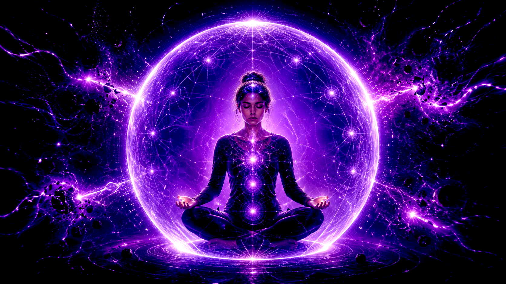 Personne méditant dans un bouclier lumineux symbolisant la protection émotionnelle en hypnose.