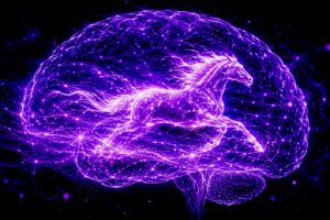 Cerveau lumineux traversé par un cheval au galop, symbole de la pensée rapide chez les personnes neuroatypiques accompagnées en hypnose.