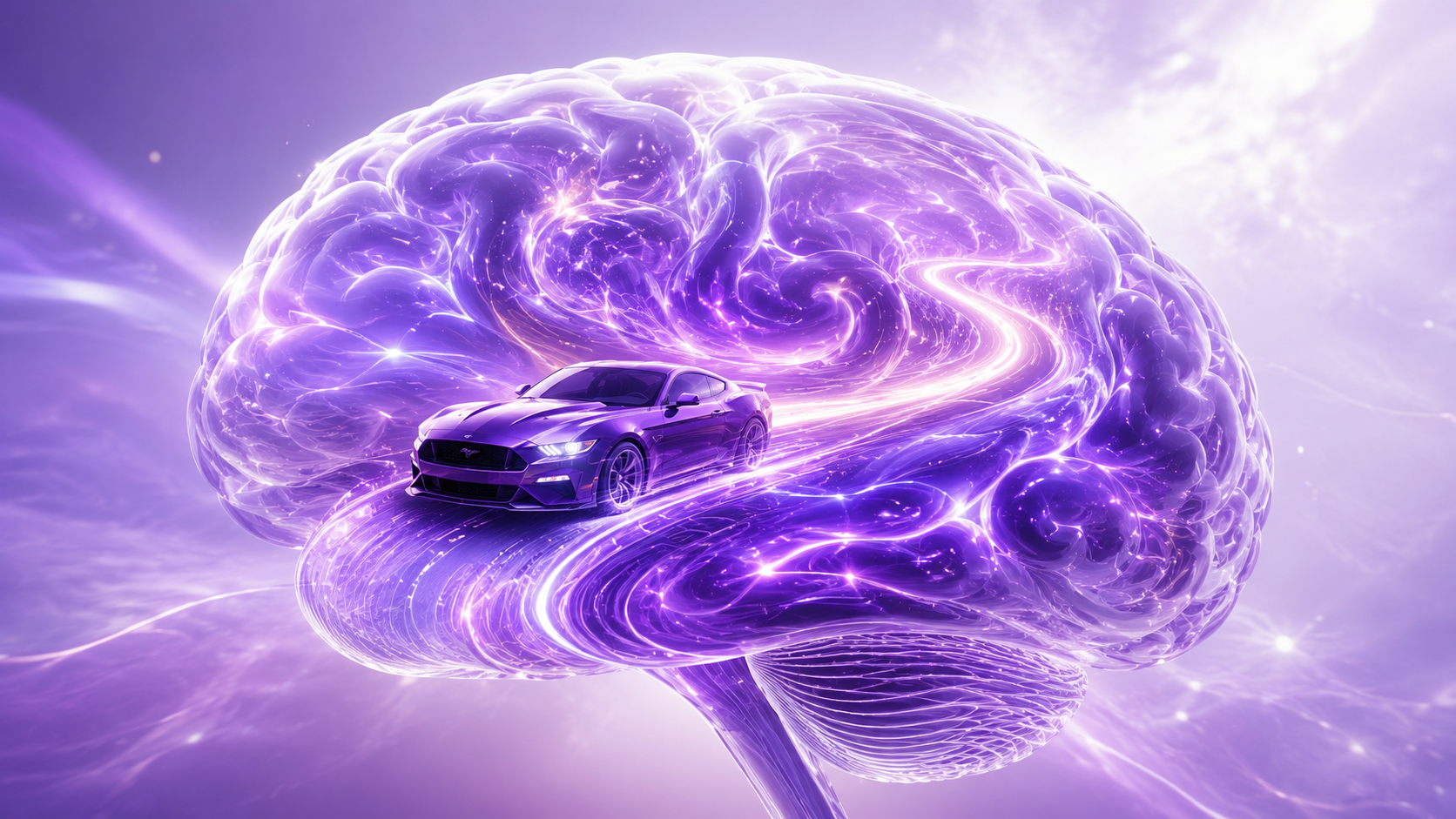 erveau lumineux violet avec une voiture de course à l’intérieur, symbole de la neuroatypie, du TDAH, du HPI et de la surcharge mentale accompagnés par l’hypnose