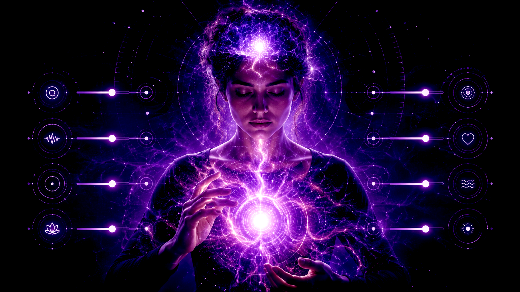 Personne réglant une interface intérieure lumineuse pour ajuster son intensité émotionnelle.