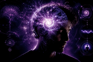 Portrait symbolique d’un homme en état d’introspection avec un cerveau lumineux violet, représentant le TDAH adulte, l’hypnose et l’auto-hypnose.