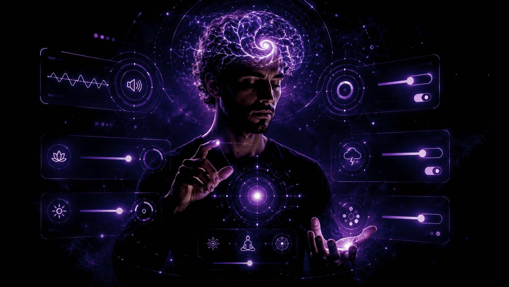 Personne utilisant une interface lumineuse violette avec des boutons et curseurs symbolisant la régulation de l’attention, du bruit et des émotions dans le TDAH.