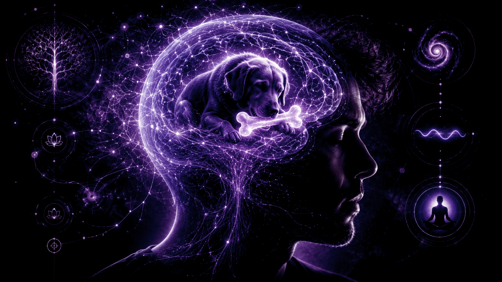 Cerveau lumineux contenant un chien calme qui ronge un os, métaphore d’un mental TDAH qui se régule lorsqu’il reçoit un point d’attention clair.