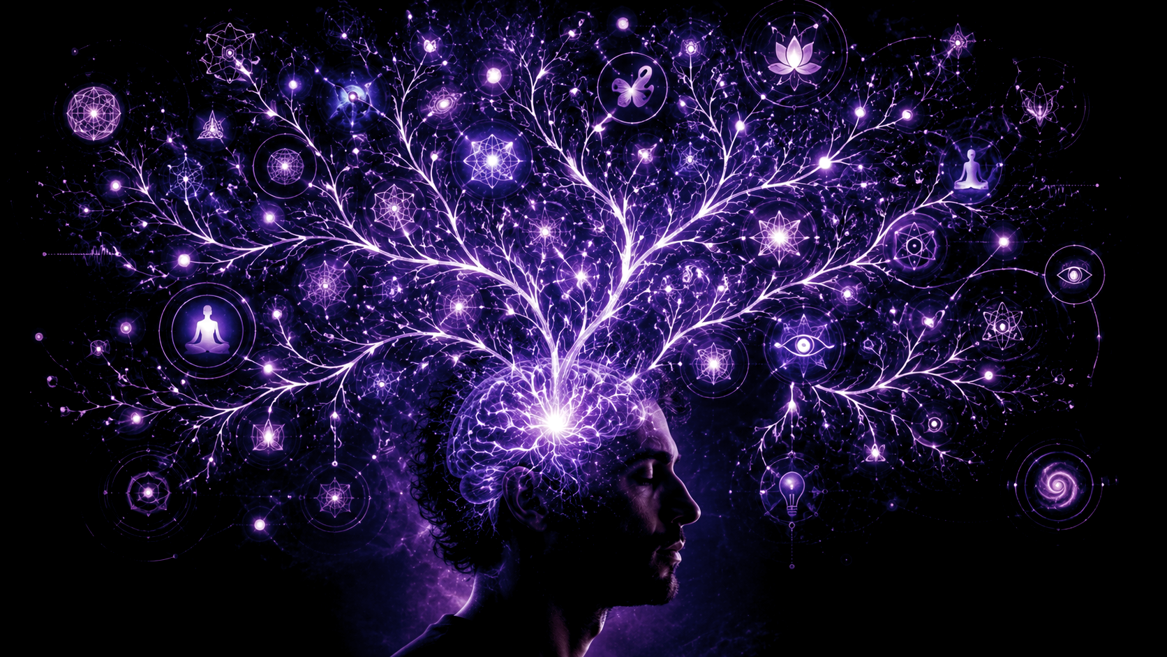 Silhouette humaine avec un réseau lumineux en forme d’arbre sortant du cerveau, symbolisant la pensée en arborescence et les associations d’idées dans le TDAH.