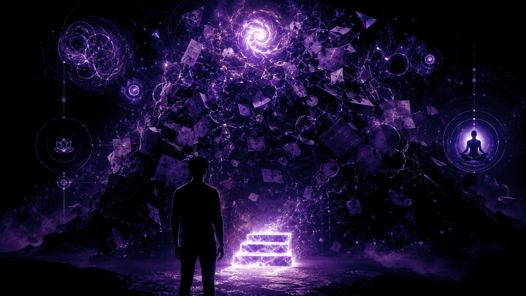 Personne face à une grande montagne de tâches et de pensées, avec une première marche lumineuse symbolisant le démarrage progressif dans le TDAH.