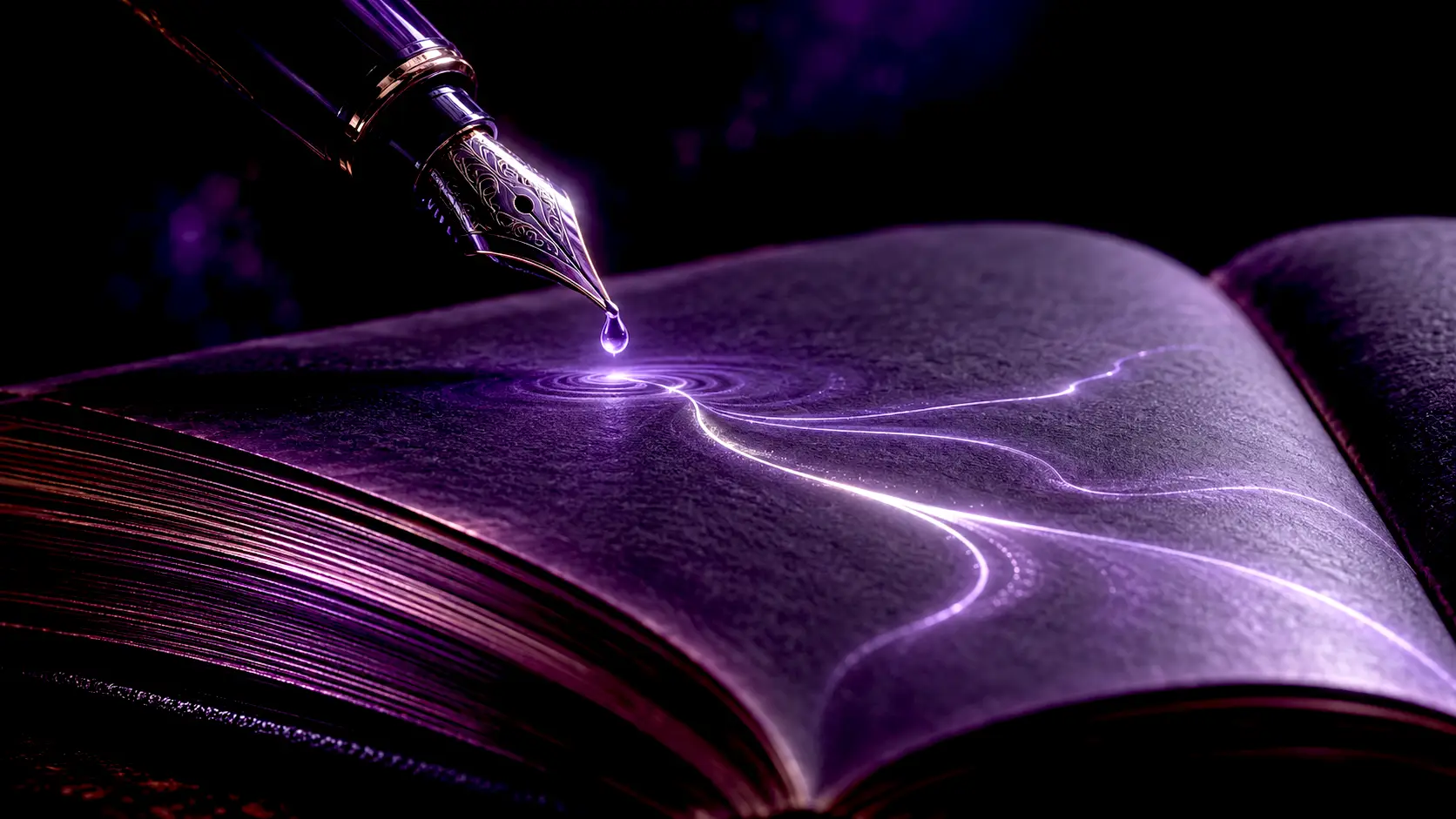 Un stylo suspendu au-dessus des pages d’un livre, éclairés de violet sur fond noir
