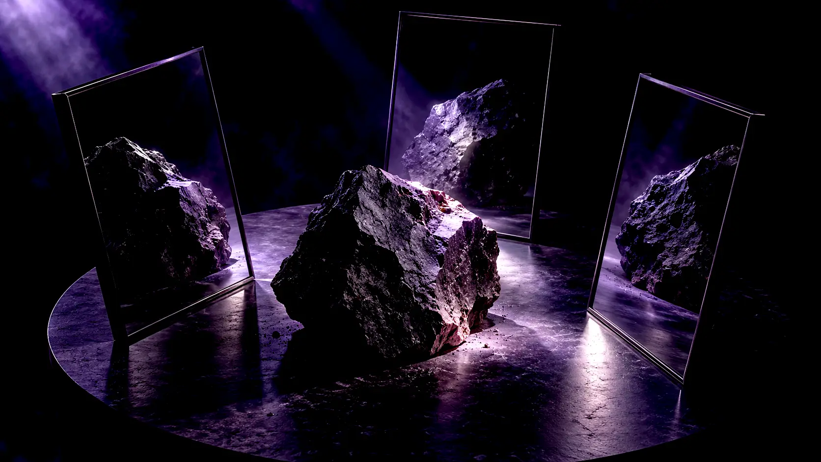 Un bloc de basalte noir observé sous trois angles dans des miroirs éclairés de violet